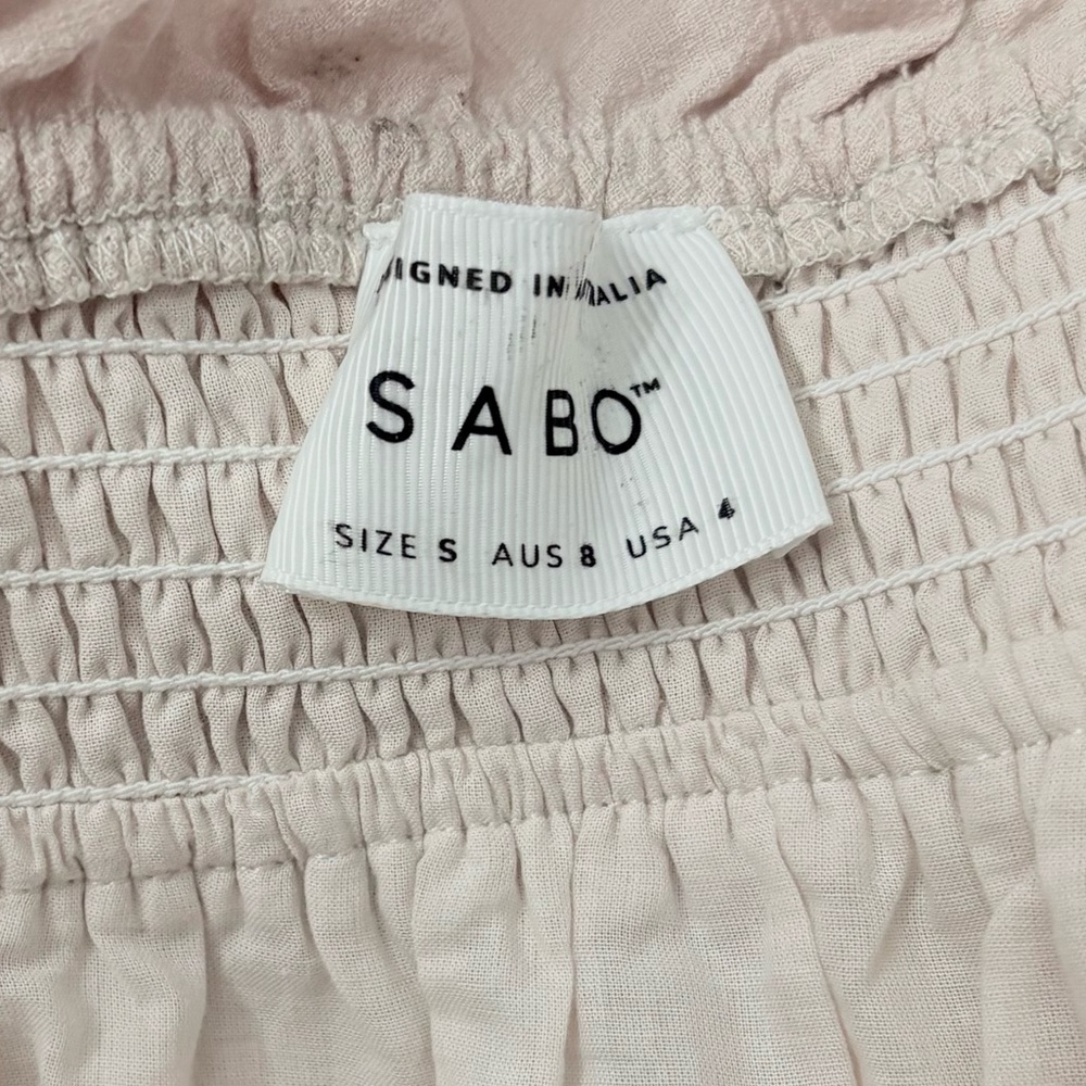 SABO SKIRT Ranetta Linen Blend Mini Dress Size 4 Beige Off Shoulder Babydoll - Picture 9 of 11